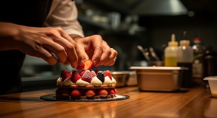 A skilled pastry chef's hands meticulously arrange fresh berries on an elegant dessert, emphasizing precision and the artistry of gourmet food preparation