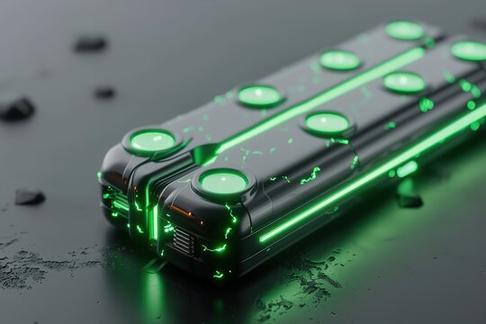 A sleek battery featuring glowing green energy cells sits on a dark surface. Its vibrant glow emphasizes advanced technology and innovation, creating an eye-catching visual impact