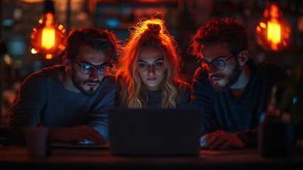 Group of friends collaborating on a project at night - Powered by Adobe