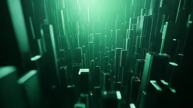 Digital matrix columns rising with glowing green light
