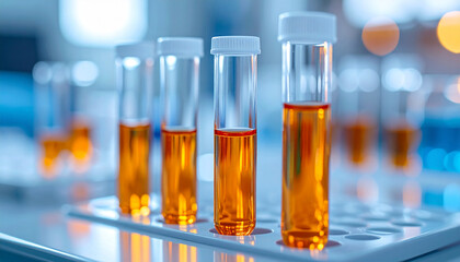 Medical sample in test tube with orange liquid, laboratory experiment setup. Scientific advancement