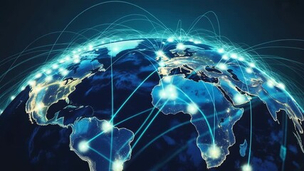 Global network connecting the world with glowing nodes and lines, symbolizing communication and technology