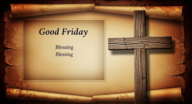 Good friday blessing message with a wooden cross on a parchment background