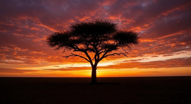 Silhouette of a solitary acacia tree against a dramatic sunset. Iconic African savanna landscape with a colorful sky. Africa travel and safari background - Powered by Adobe