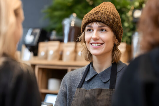 Non-binary barista serving customers in a cozy cafe setting