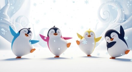 Obraz premium Four cute, colorful penguins dancing in falling snow, wintery scene
