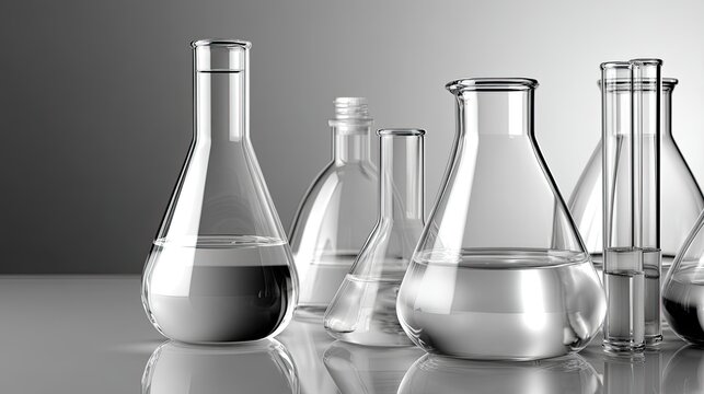 Clear laboratory glassware sits on a bench, containing liquid used for experiments, illustrating a moment in scientific exploration