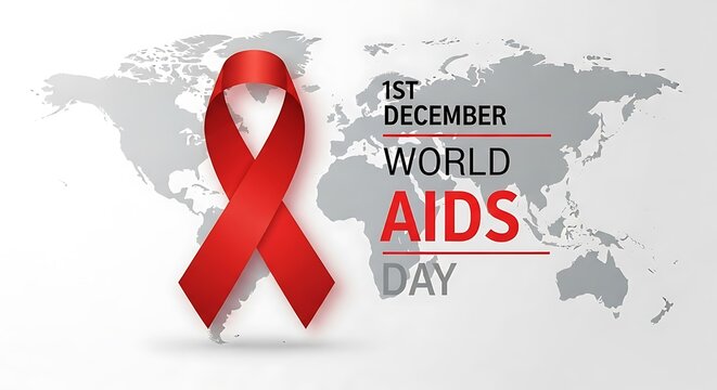 World aids day red ribbon symbol on a world map background for global awareness