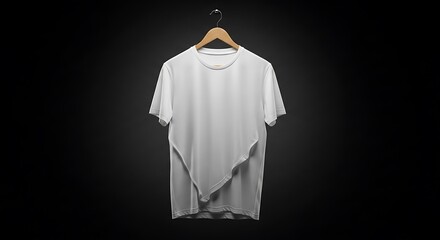 A white tshirt with an asymmetric hem, hanging on a wooden hanger against a dark background