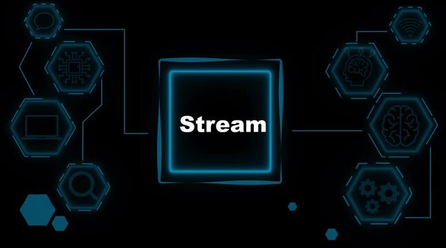 Digital data stream network connection technology concept with glowing neon hexagons representing communication processing and innovation on a dark background