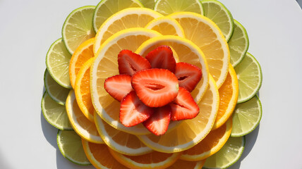 A vibrant fruit arrangement with sliced strawberries, lemons, oranges, and limes, transparent png, isolated, and perfectly arranged in a colorful pattern.