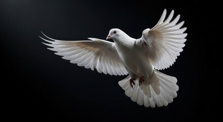 Obraz premium Graceful white dove mid-flight with wings spread against a stark dark backdrop