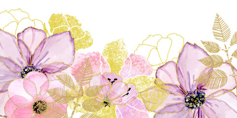 Banner con grandi fiori rosa e dorati delicati, illustrazione isolata su sfondo bianco © sommaria
