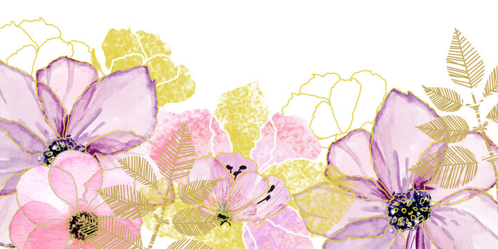 Banner con grandi fiori rosa e dorati delicati, illustrazione isolata su sfondo bianco