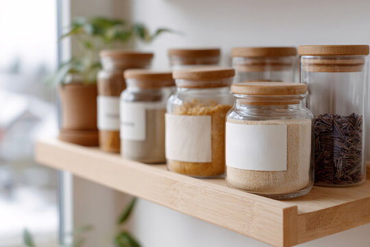 Glass jars filled with spices and herbs displayed on a wooden shelf