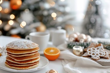 A cozy breakfast scene features a stack of fluffy pancakes, fresh oranges, and steaming coffee on a white table, adorned for the Christmas holiday season with decorations