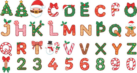 Christmas alphabet, holiday letters, festive numbers, decorated font, gingerbread style, Santa hat, candy cane, snowman, winter theme, seasonal clipart