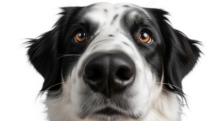 Close-up view of a black and white dog with amber eyes looking directly ahead. The nose is in sharp focus while the face softly blurs behind. Great for pet care, animal themes, or websites.