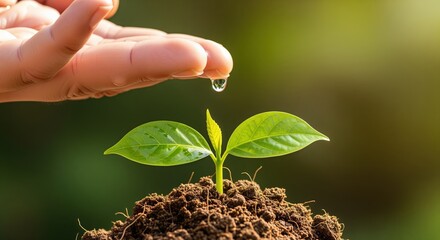 Hand gently watering a young green seedling growing from rich brown soil. Perfect for concepts of growth, care, environmental protection, and sustainable farming practices.