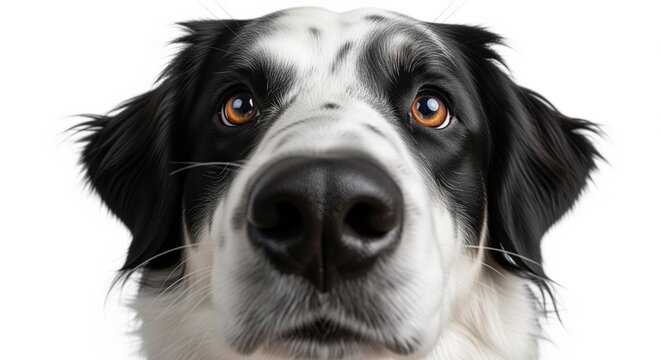 Close-up view of a black and white dog with amber eyes looking directly ahead. The nose is in sharp focus while the face softly blurs behind. Great for pet care, animal themes, or websites.