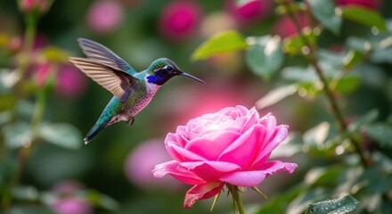 Fototapeta premium Hovering hummingbird near pink rose, wings spread, lush garden background