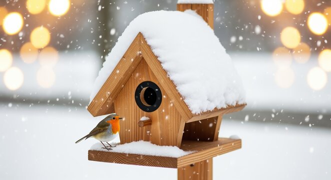 A small robin perches on a wooden birdhouse covered in fresh snow during winter. Soft bokeh lights glow in the background. Perfect for holiday cards, winter nature themes, or wildlife content.