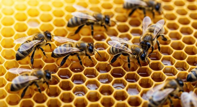 Several honeybees working on a golden honeycomb filled with honey. The bees move across the hexagonal cells. Perfect for themes about beekeeping, natural honey production, and pollination. - Powered by Adobe