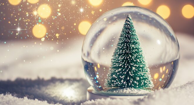A snow globe with a small evergreen tree sits on fluffy snow. Golden lights glow softly behind. Perfect for holiday cards, winter themes, or festive decorations and designs.
