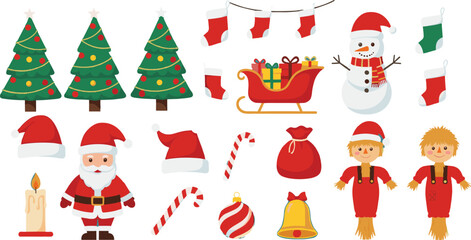 Christmas icons, festive decorations, Santa Claus, snowman, sleigh, stockings, tree, candy cane, ornament, bell, holiday clipart, winter symbols