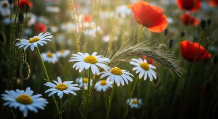 Meadow of daisies and poppies glows in warm, diffused sunlight