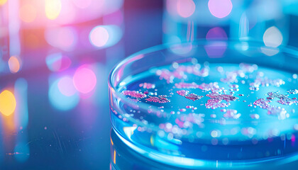Petri dish showing bacterial growth for drug discovery, scientific laboratory setup, medical research