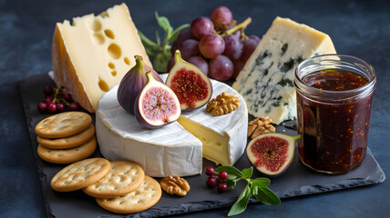 A cheese board with figs, grapes, crackers, and jam. Isolated png with transparent background.