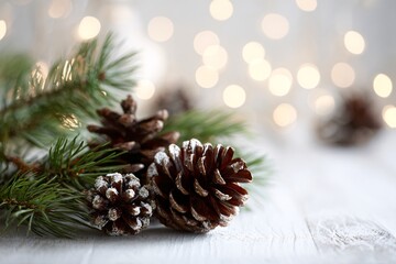 Festive pinecones and evergreens with soft holiday lights background