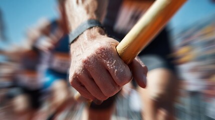 close-up runners eagerly grip their relay batons, ready to sprint forward at local track event. sun shines brightly as excitement fills air, emphasizing competition and teamwork