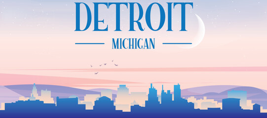 Fototapeta premium Panoramic poster of the city skyline with misty background buildings, hills sunrise, sunset and clouds of DETROIT, UNITED STATES