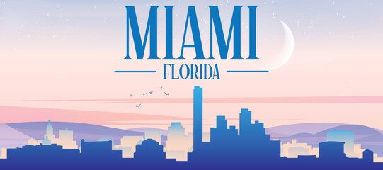 Panoramic poster of the city skyline with misty background buildings, hills sunrise, sunset and clouds of MIAMI, UNITED STATES