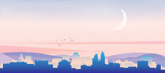 Panoramic poster of the city skyline with misty background buildings, hills sunrise, sunset and clouds of SAN DIEGO, UNITED STATES