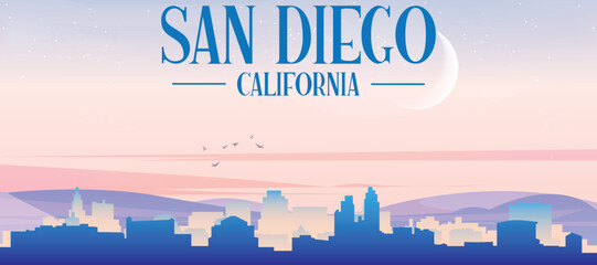 Panoramic poster of the city skyline with misty background buildings, hills sunrise, sunset and clouds of SAN DIEGO, UNITED STATES
