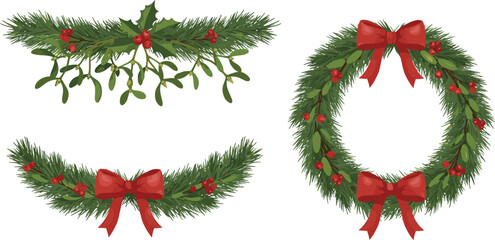 Christmas wreath and garland illustration with red bow, holly leaves, pine branches,