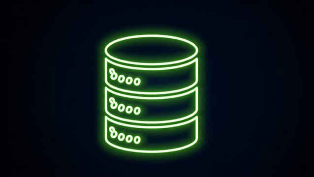 A vibrant green neon light sign showing a stacked database server icon