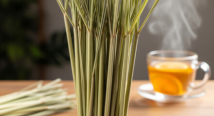 A close up of lemongrass stalks with a cup of steaming tea in the background on a wooden table