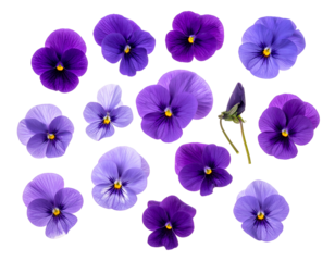 A collection of various shades of purple and blue pansy flowers