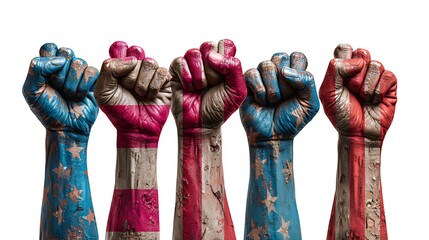 Raised fists painted with the american flag colors symbolizing unity and strength