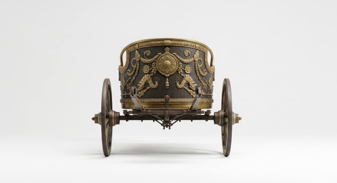 Ornate, antique chariot rear view with carved figures, isolated on white