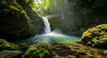 Waterfall in Tropical Rainforest Scenery Nature Landscape with Cascade in Jungle Environment and Turquoise Water Pool Natural Beauty Adventure Travel and Ecotourism Destination