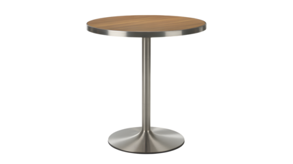 A round wood top table with metal base stands isolated on a transparent png background.