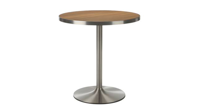 A round wood top table with metal base stands isolated on a transparent png background.