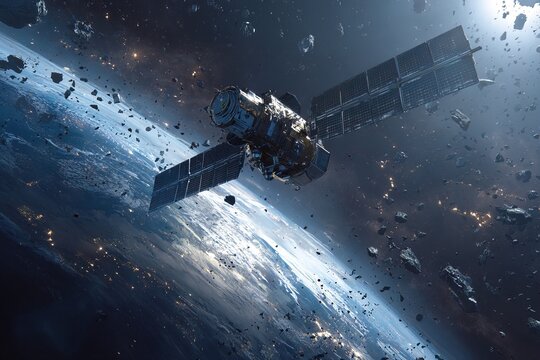 satellite navigates Earth's orbit amidst scattered space debris during twilight. vastness of space is illuminated by distant stars and glow of our planet below