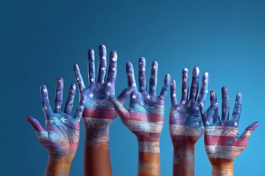 Raised hands painted with the colors and stars of the american flag