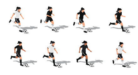 Female soccer players in action: isometric design of women footballers dribbling